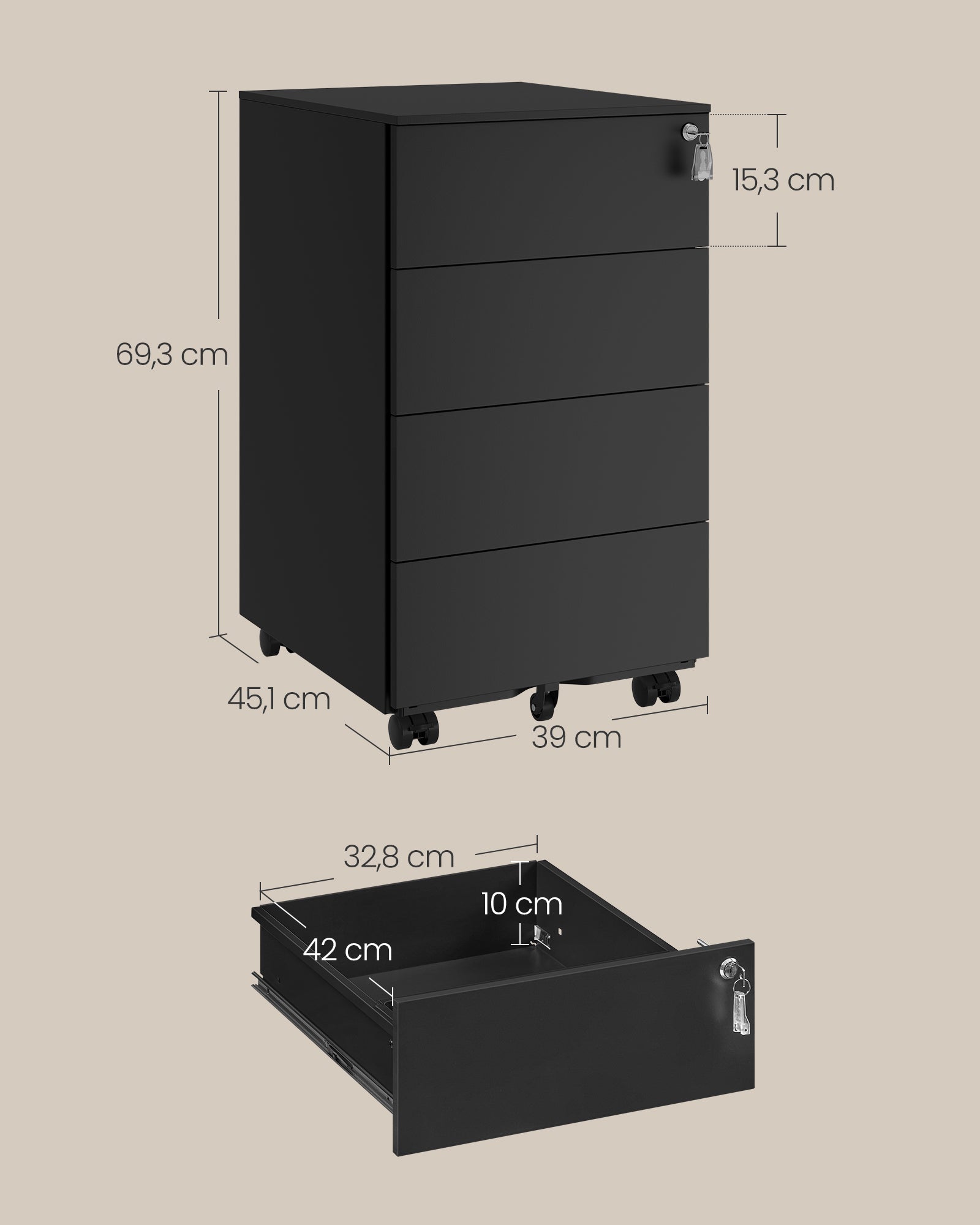 Roll container - 4 drawers - on wheels - ink -black