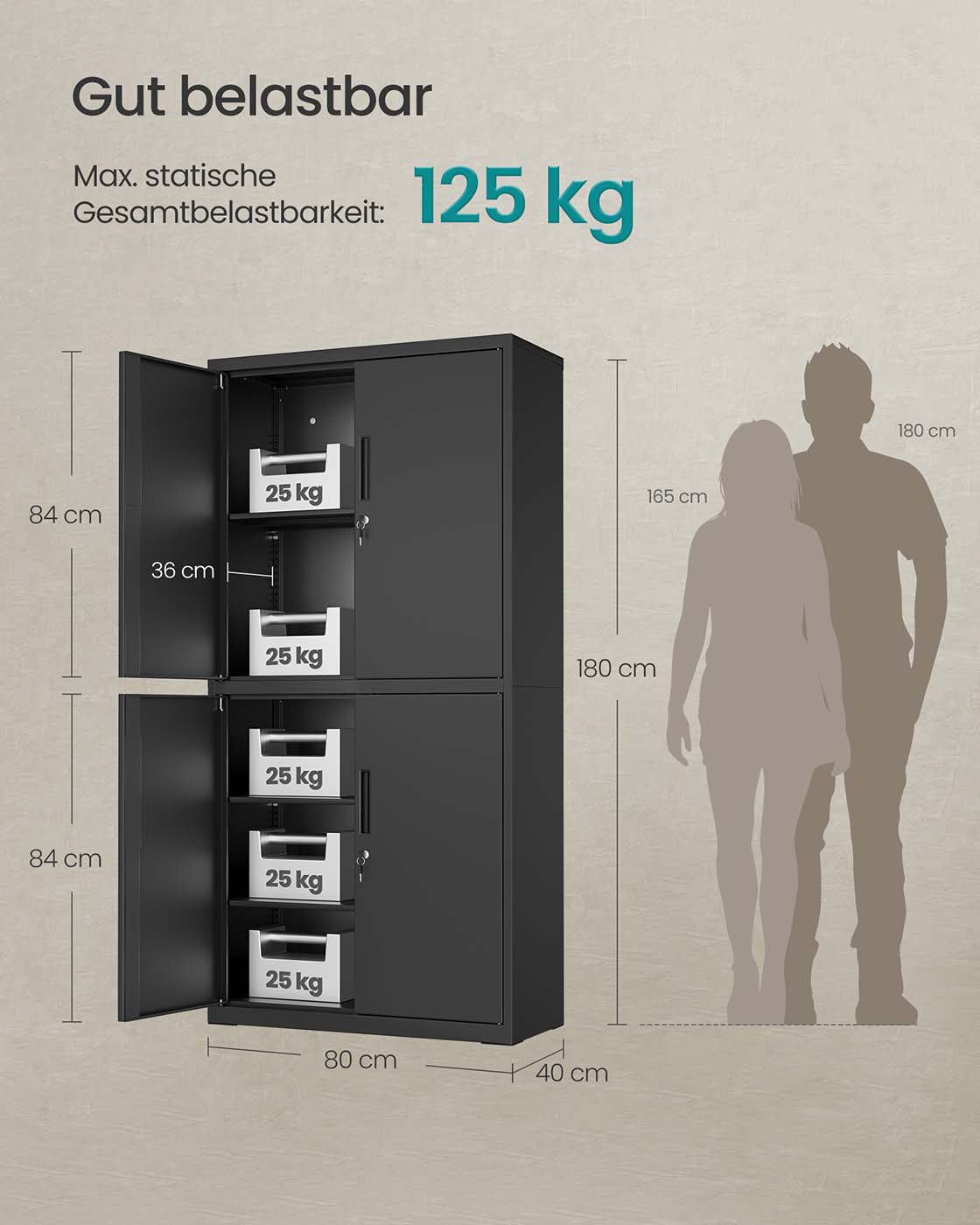 Archive cabinet with 4 doors and 5 levels 40 x 80 x 180 cm matte black