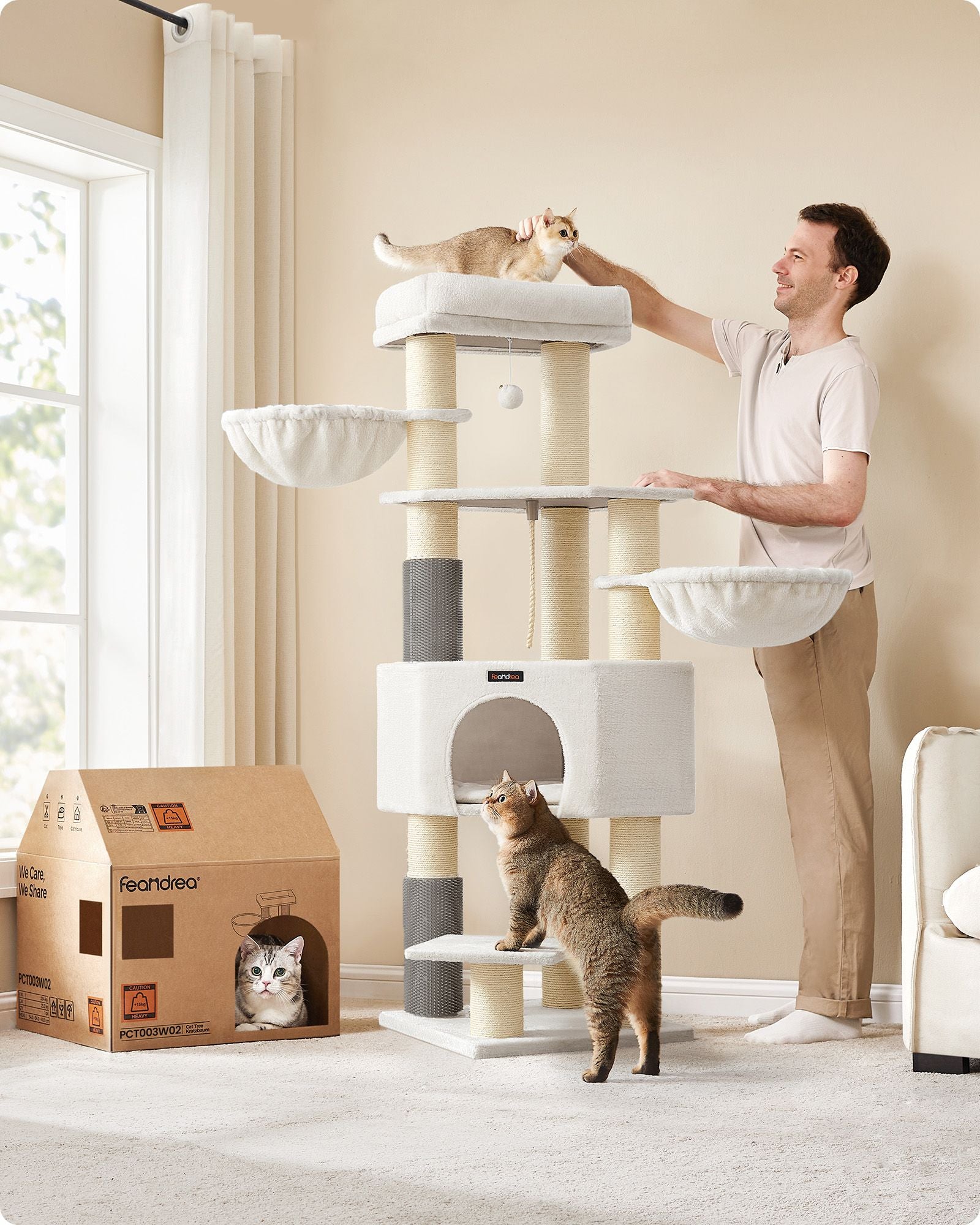 Scratching post with plateaus 50 x 50 x 160 cm crème white beige