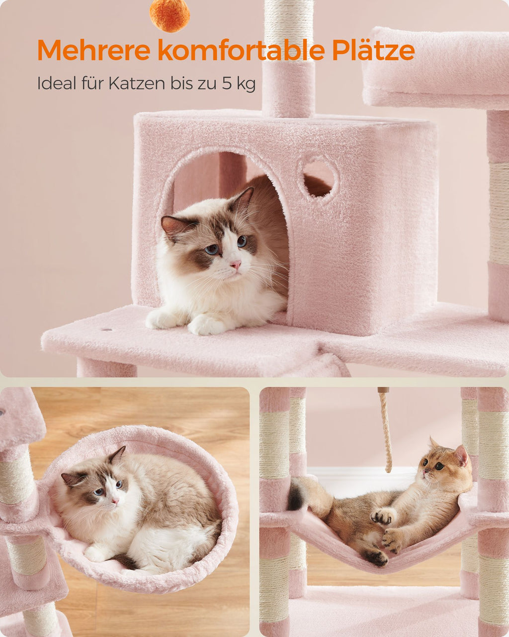Large scratching post - with 13 scratching posts - Multiple levels - Pastel pink