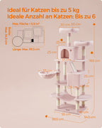 Large scratching post - with 13 scratching posts - Multiple levels - Pastel pink