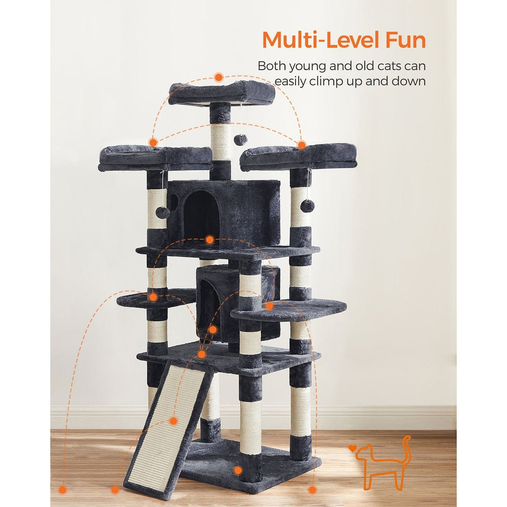 Scratching post XXL - 3 platforms and 2 caves - 172 cm - flue gray