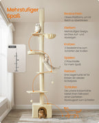 Scratching post ceiling high 231-291 cm in height adjustable beige