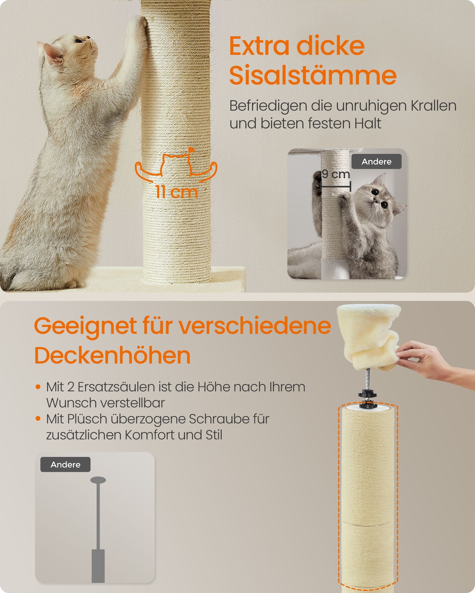 Scratching post ceiling high 231-291 cm in height adjustable beige