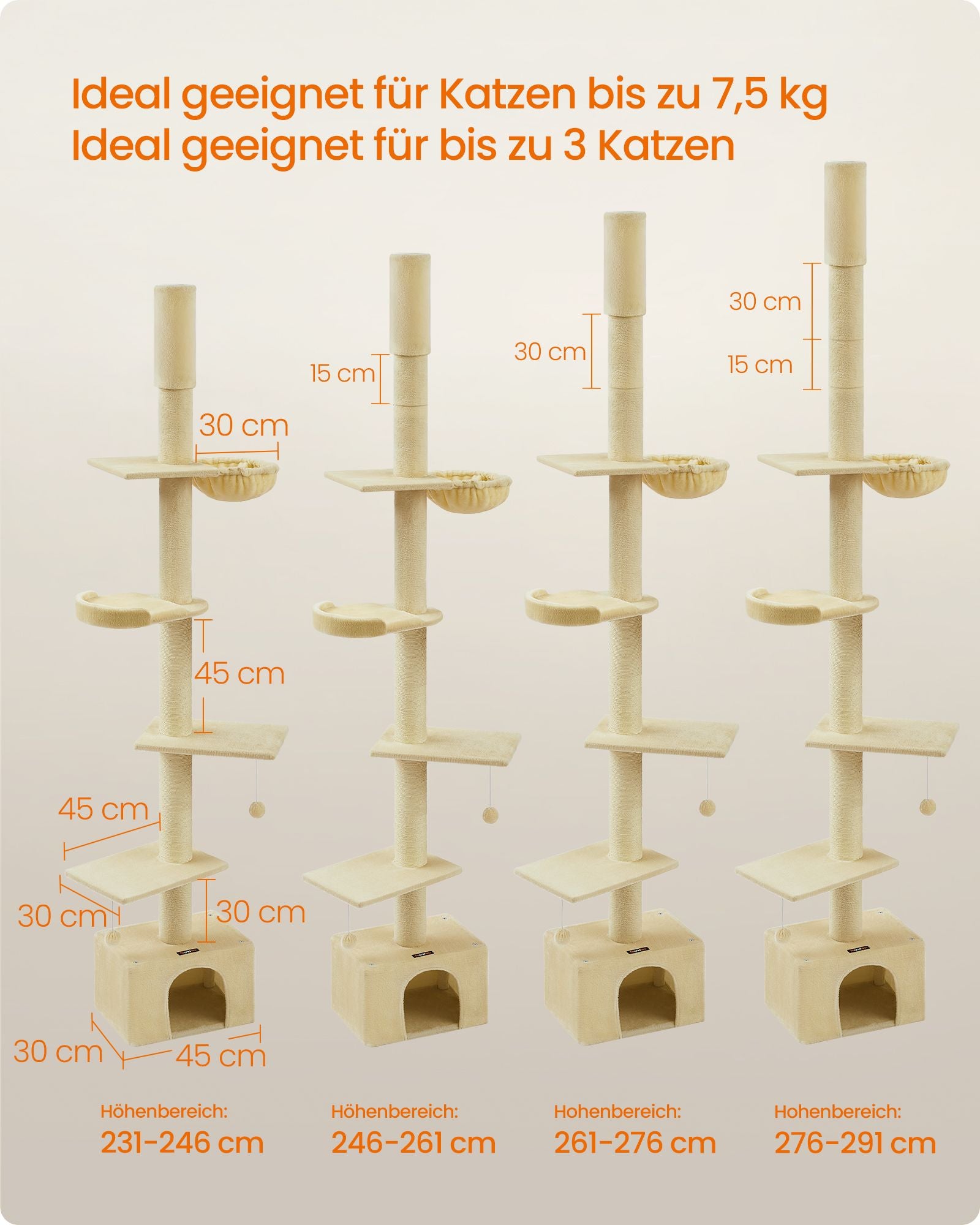 Scratching post ceiling high 231-291 cm in height adjustable beige
