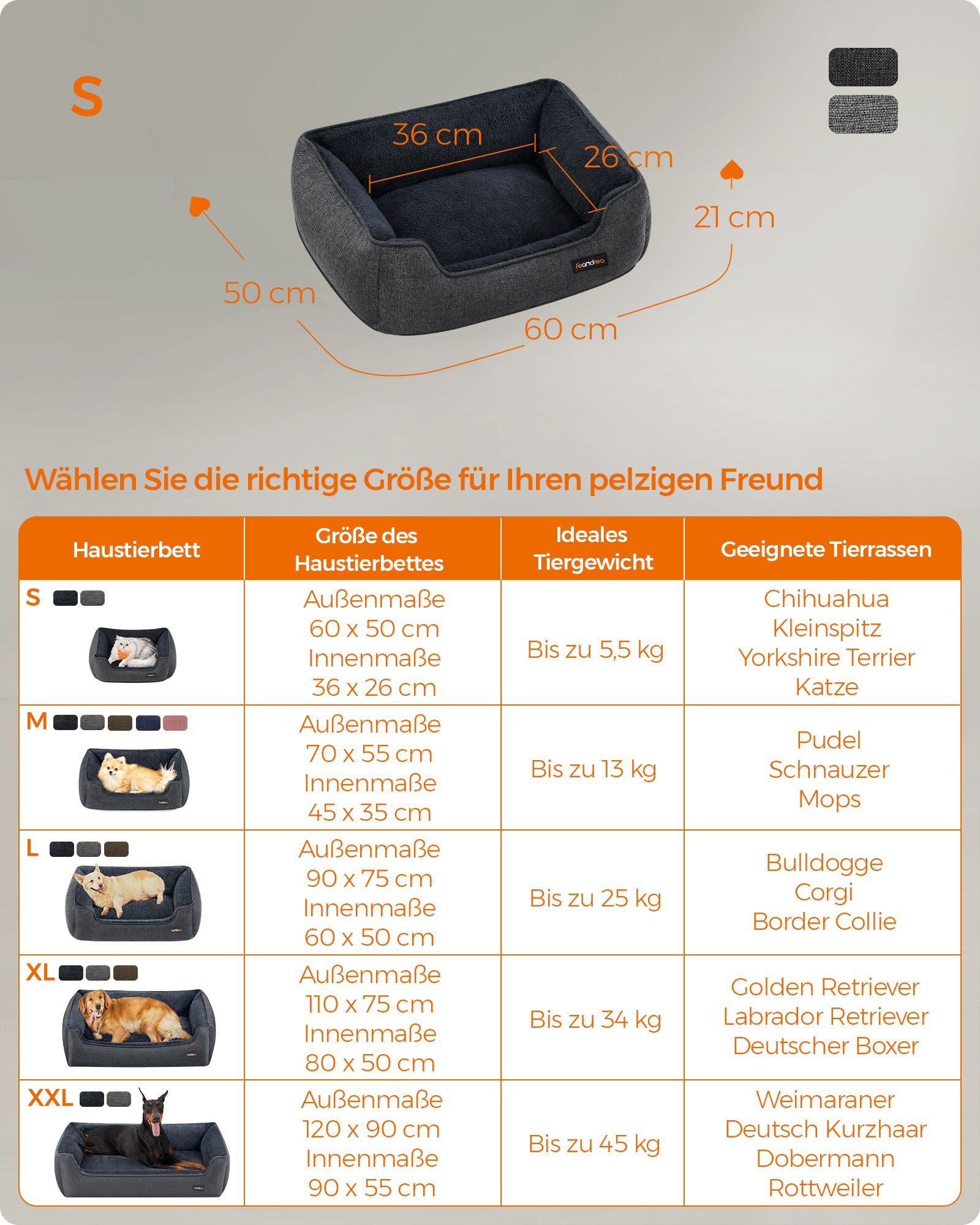 Dog basket with removable and washable dark gray cover