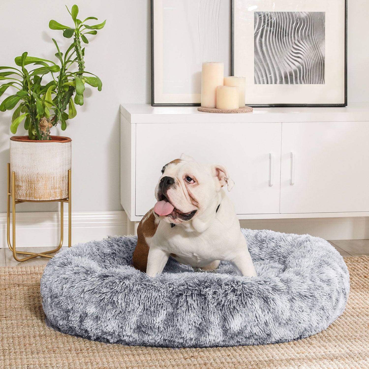 Fluffy Dog Bed - With Donut Cushion - Ombré Gray