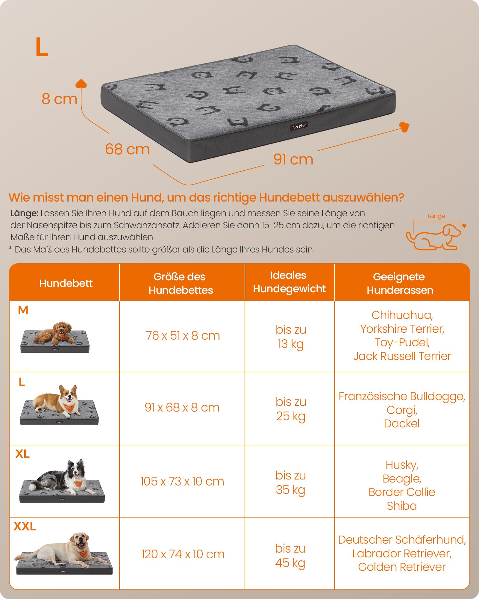 Orthopedic dog bed 91 x 68 x 8 cm size L