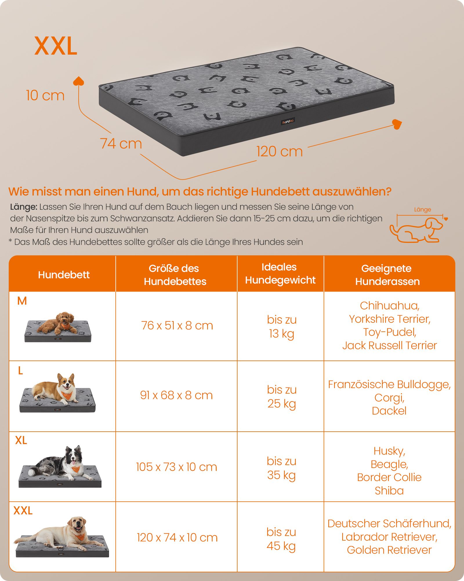 Orthopedic dog bed 120 x 74 x 10 cm Size XXL