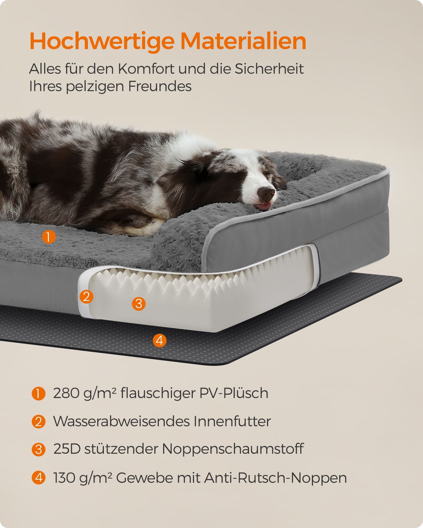 Orthopedic dog bed with plush upholstery in Leigrijs