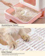 Litter box-with lid and scoop-spacious-white-pastel pink