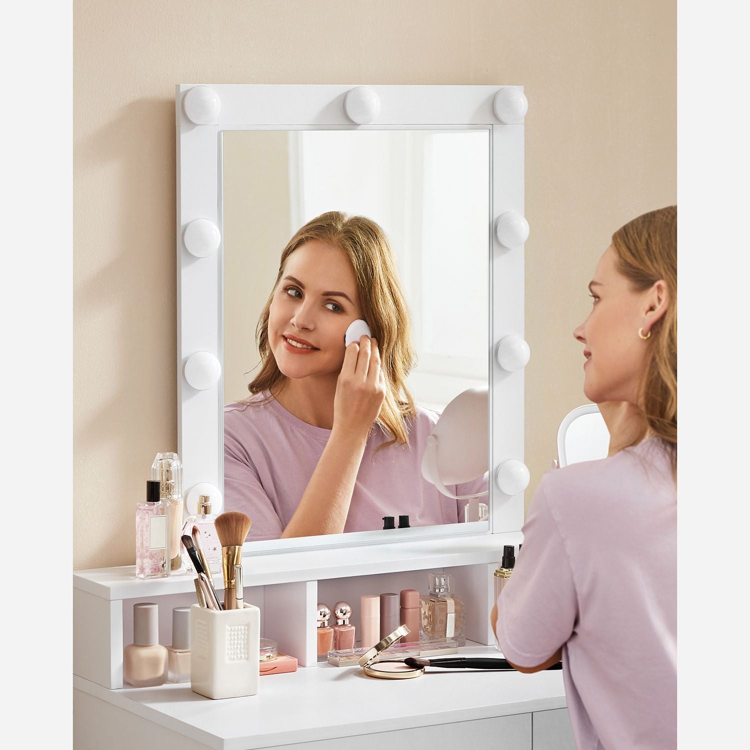 Dressing table - makeup table with mirror and dimmable light bulbs - 2 drawers - white
