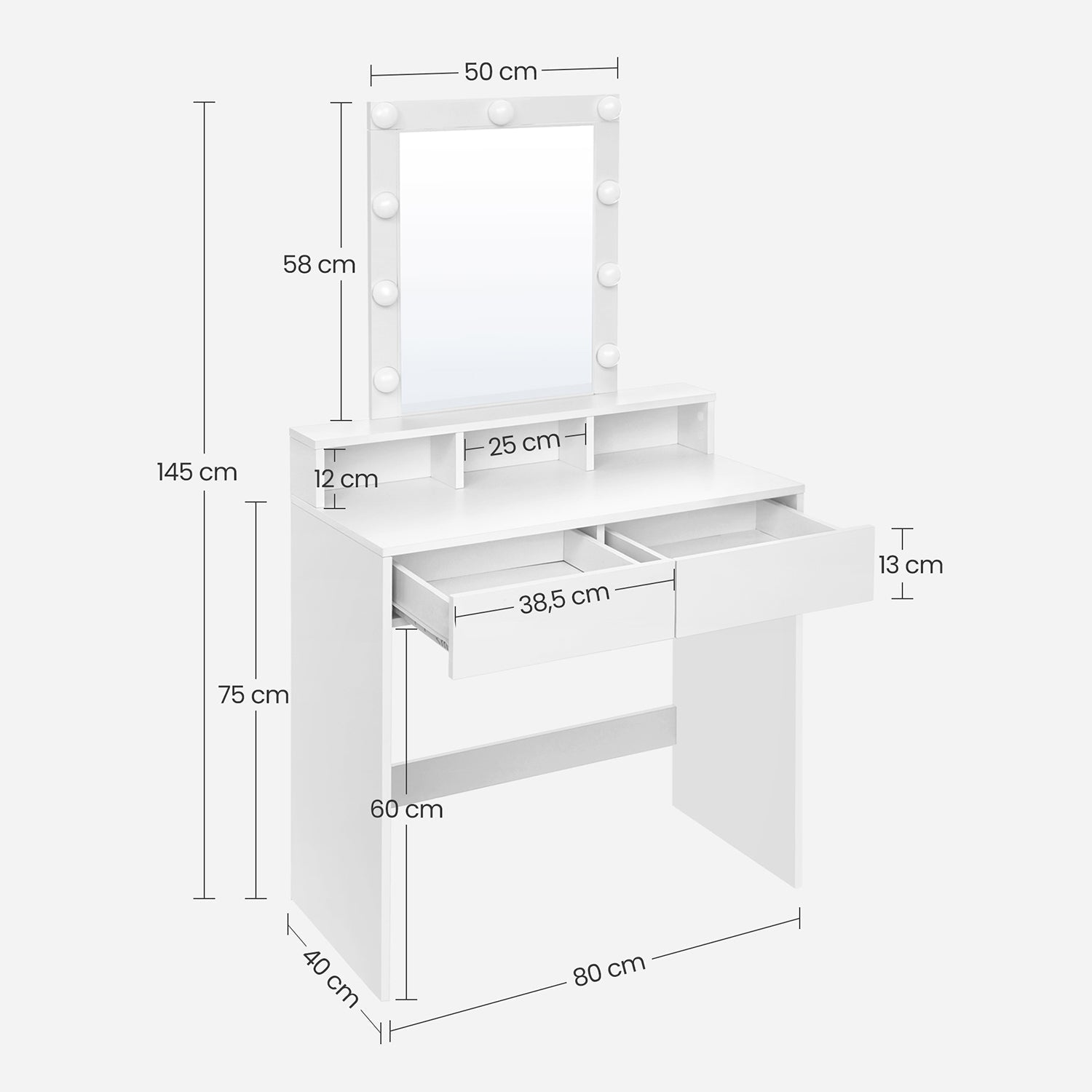 Dressing table - makeup table with mirror and dimmable light bulbs - 2 drawers - white