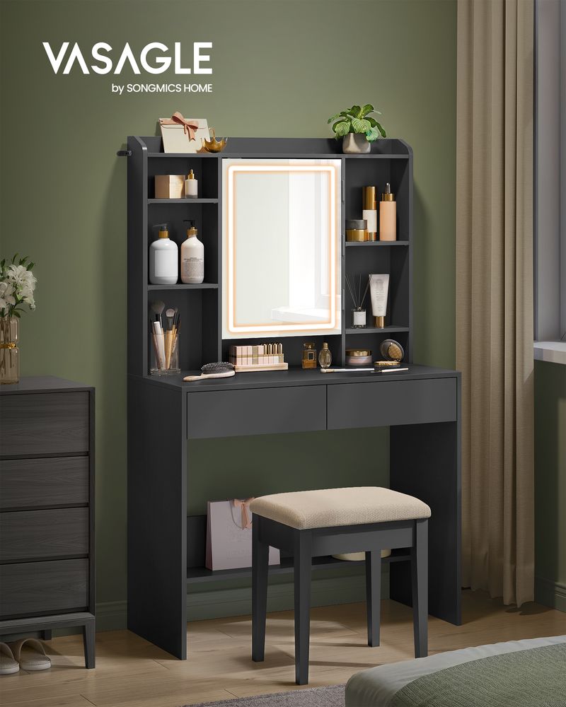Dressing table - Make -up table - With LED lighting and mirror - 2 drawers - made of wood - Black