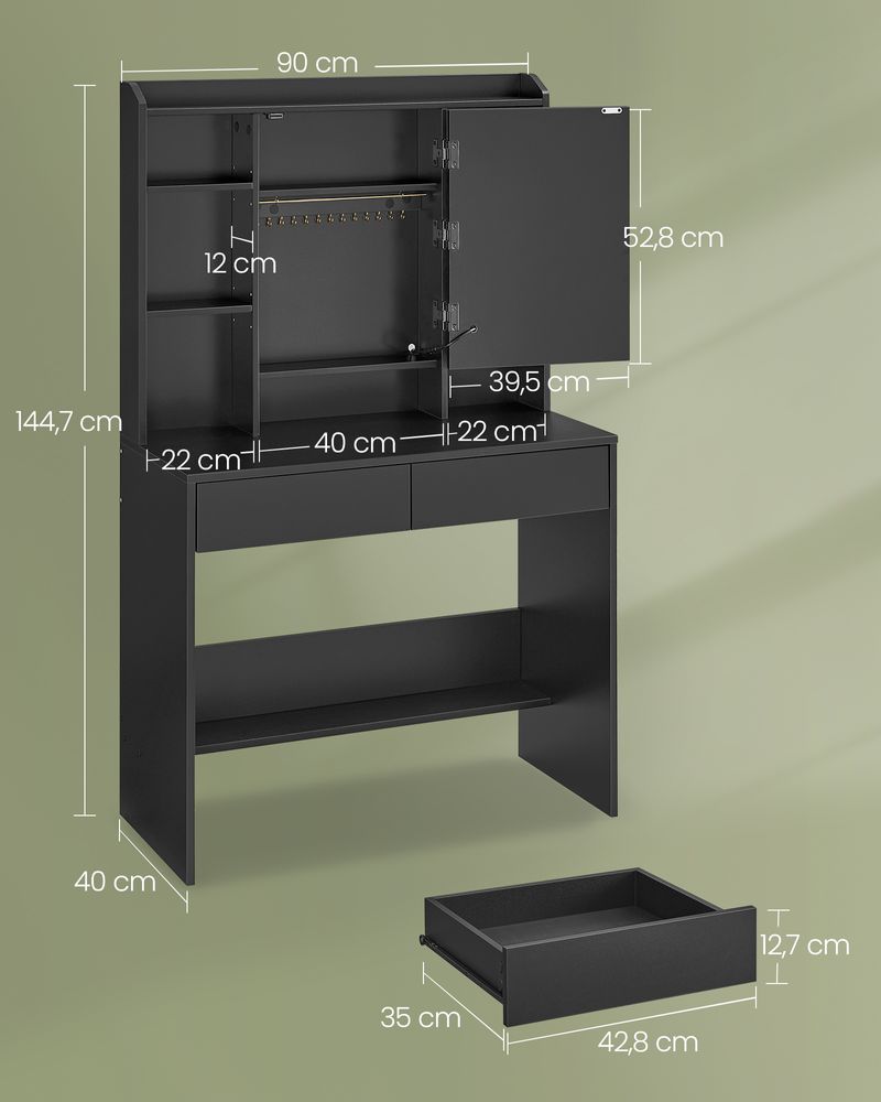 Dressing table - Make -up table - With LED lighting and mirror - 2 drawers - made of wood - Black