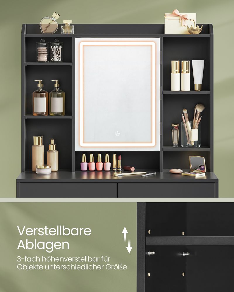 Dressing table - Make -up table - With LED lighting and mirror - 2 drawers - made of wood - Black