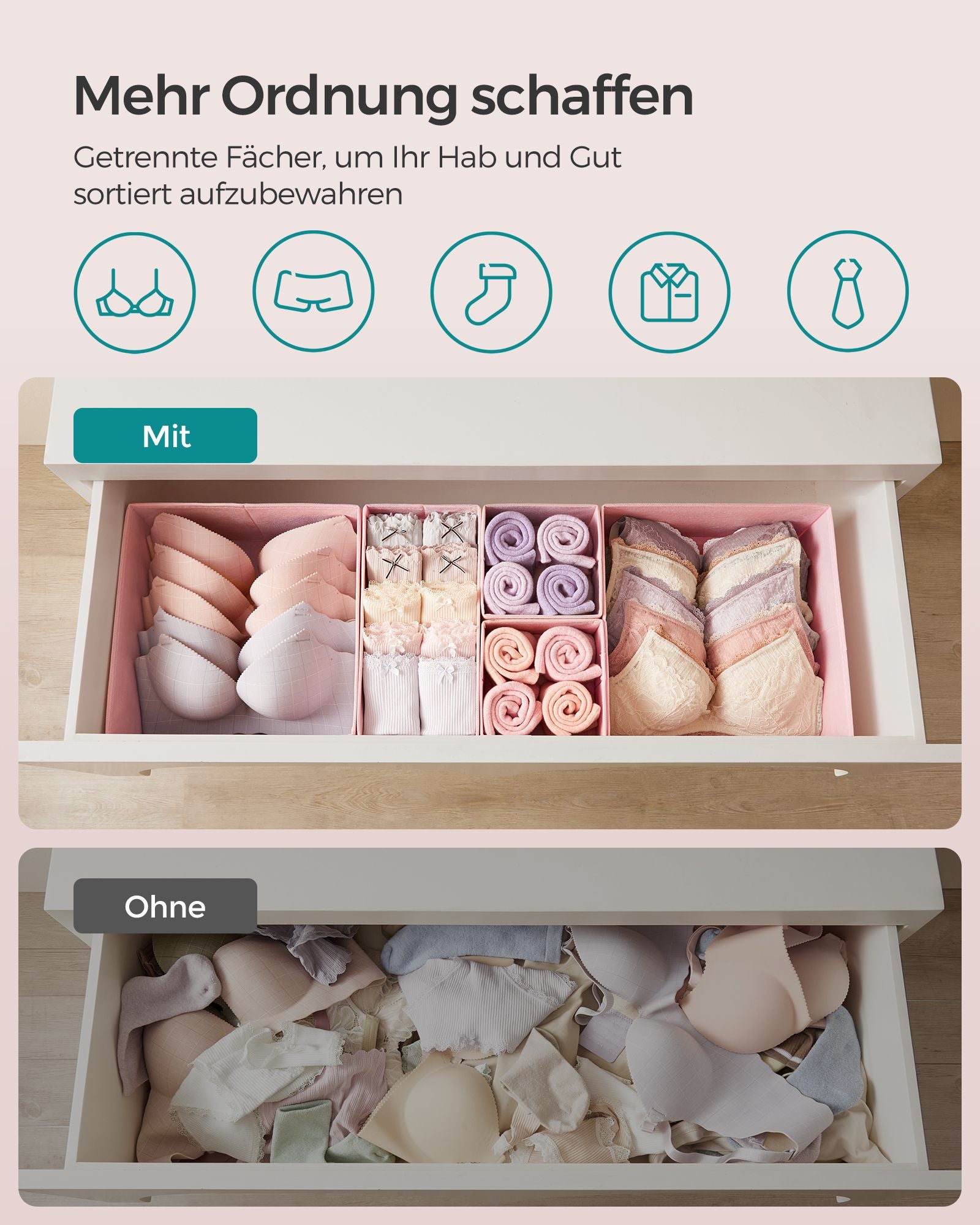 Storage box for drawers' set of 12 pastel pink
