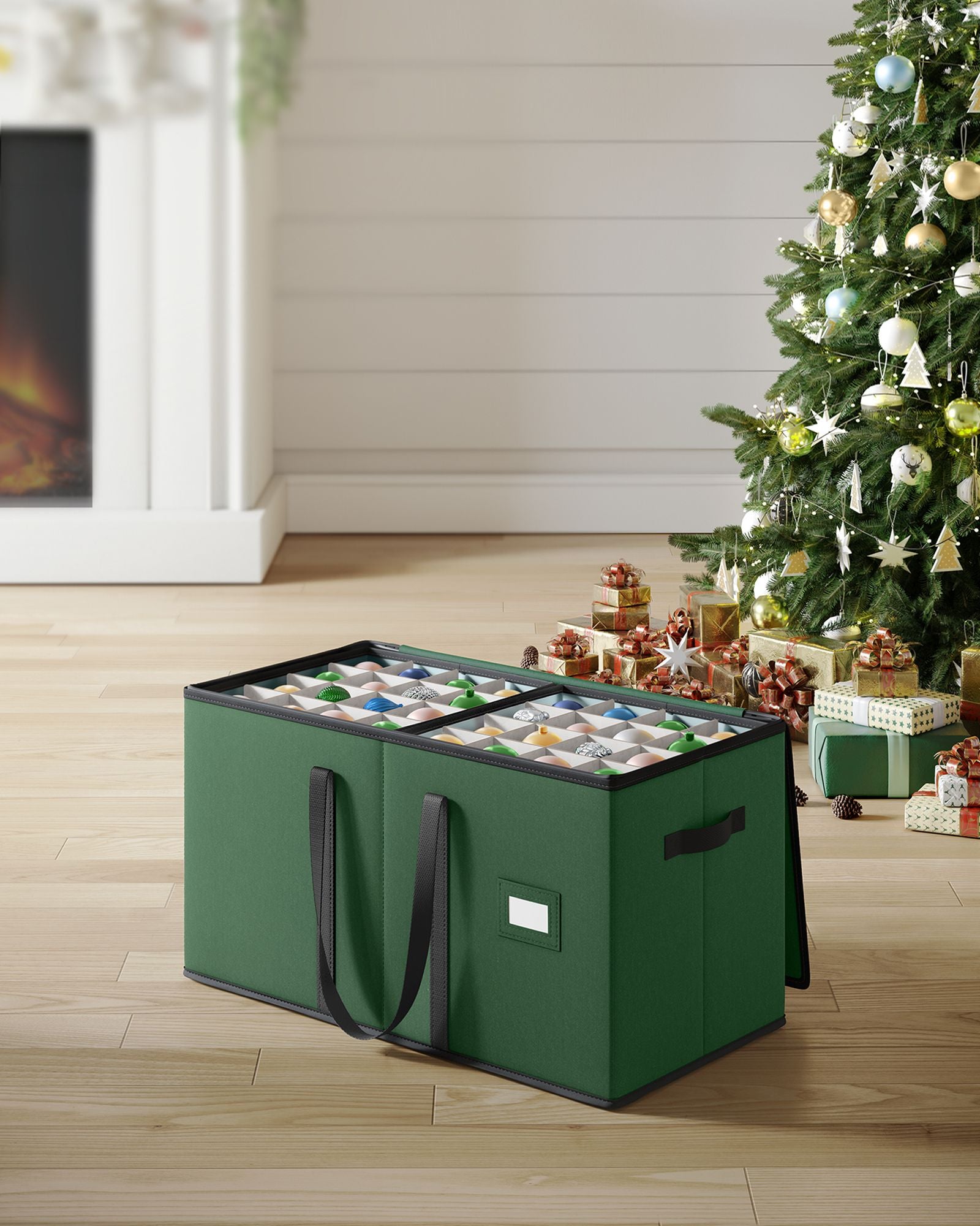 Storage box for Christmas balls with forest green lid