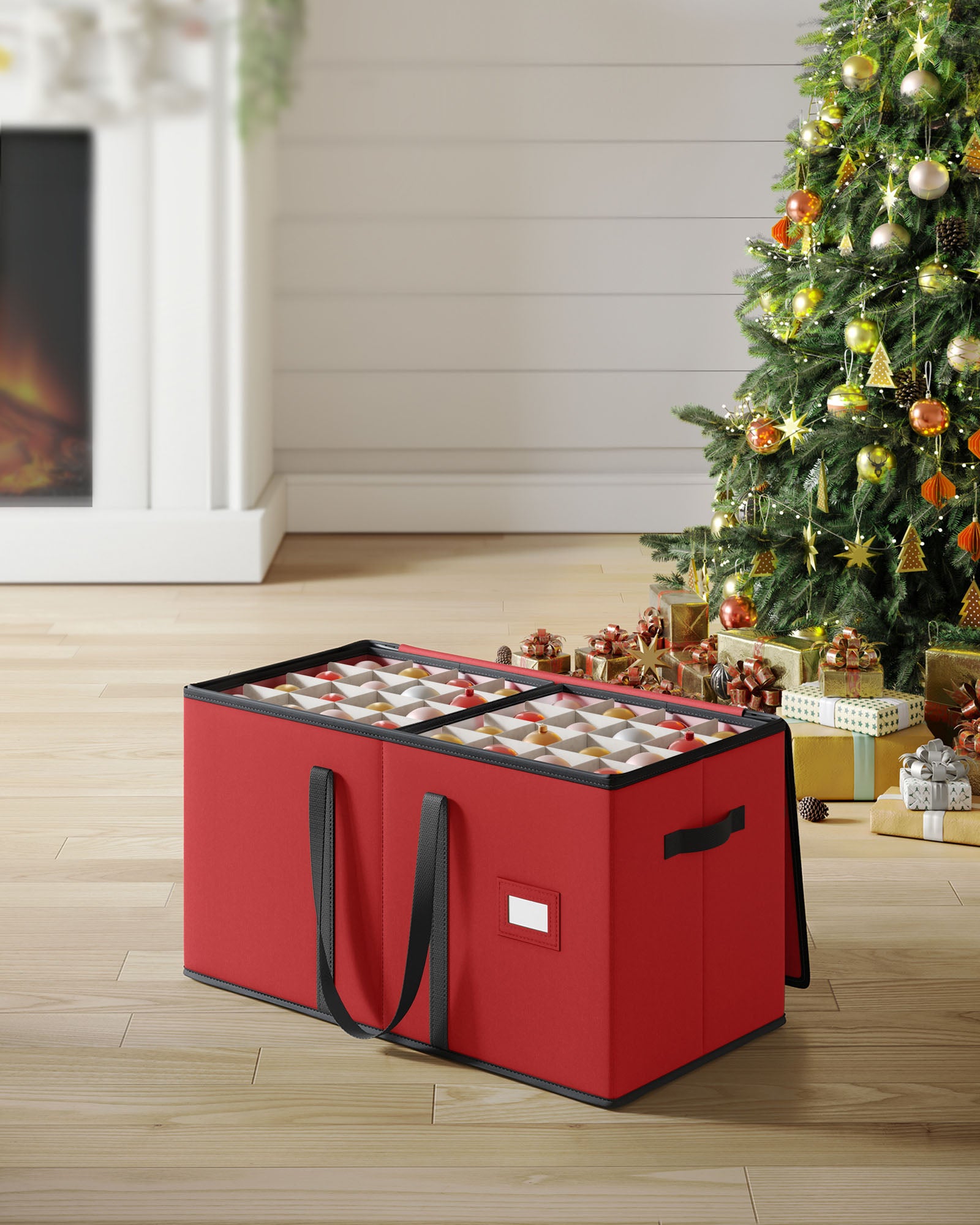 Storage box for Christmas balls with cherry -red lid