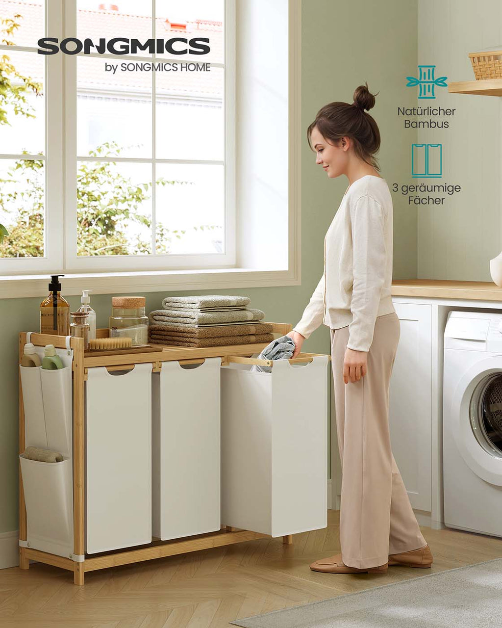 Laundry basket 3 courses 3 x 50 l 94 x 33 x 78 cm cream white
