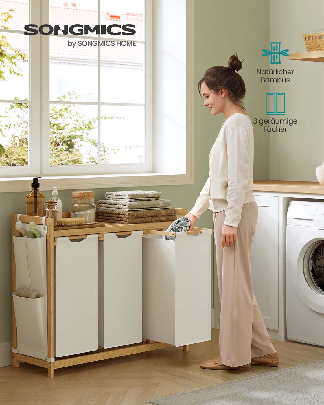 Laundry basket 3 courses 3 x 50 l 94 x 33 x 78 cm cream white