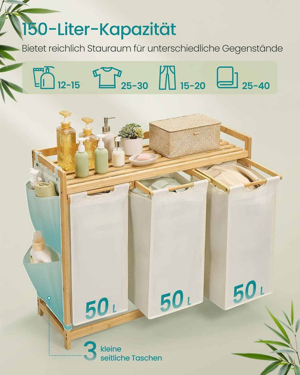 Laundry basket 3 courses 3 x 50 l 94 x 33 x 78 cm cream white