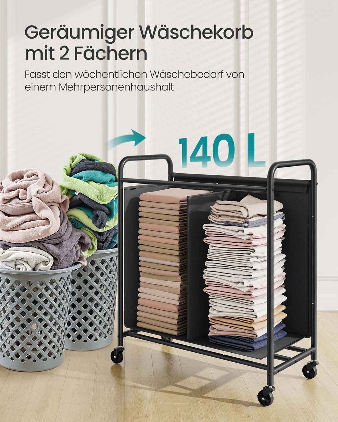 Laundry basket 140 L with wheels and 2 compartments ink -black