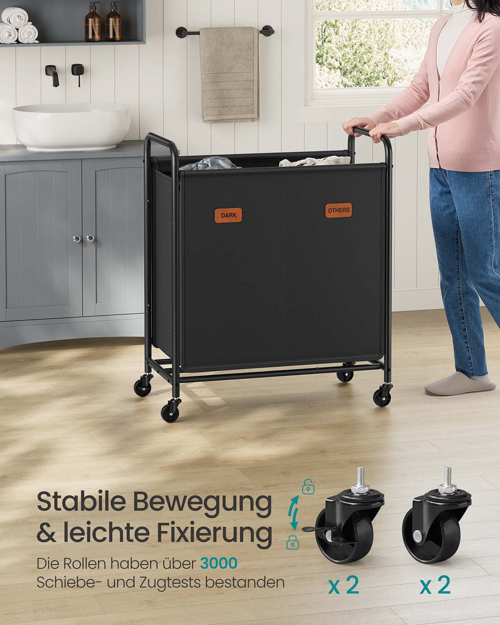Laundry basket 140 L with wheels and 2 compartments ink -black