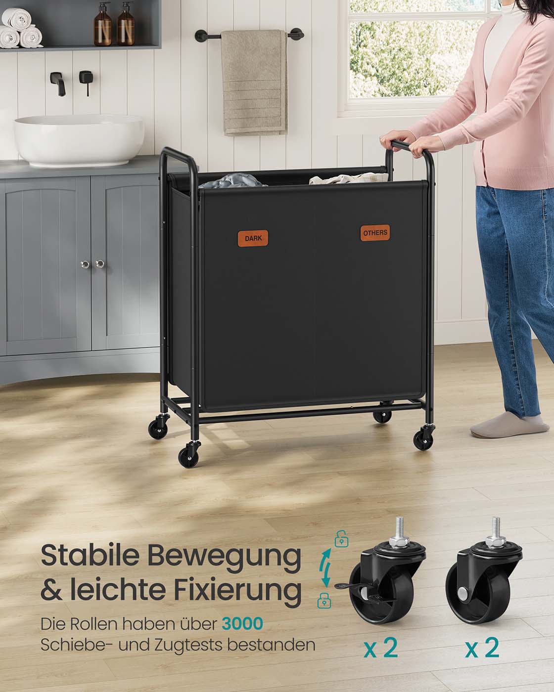 Laundry basket 140 L with wheels and 2 compartments ink -black