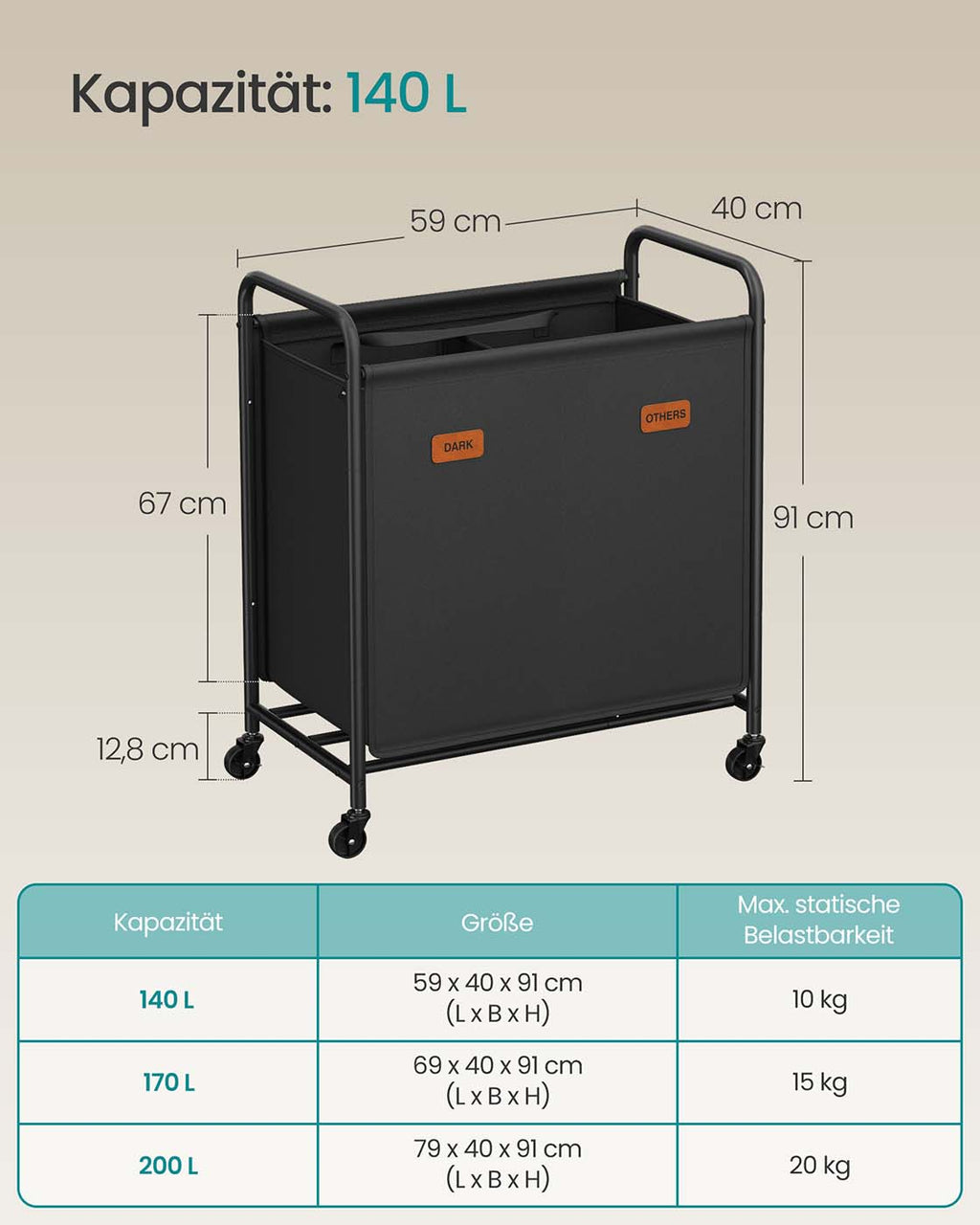 Laundry basket 140 L with wheels and 2 compartments ink -black