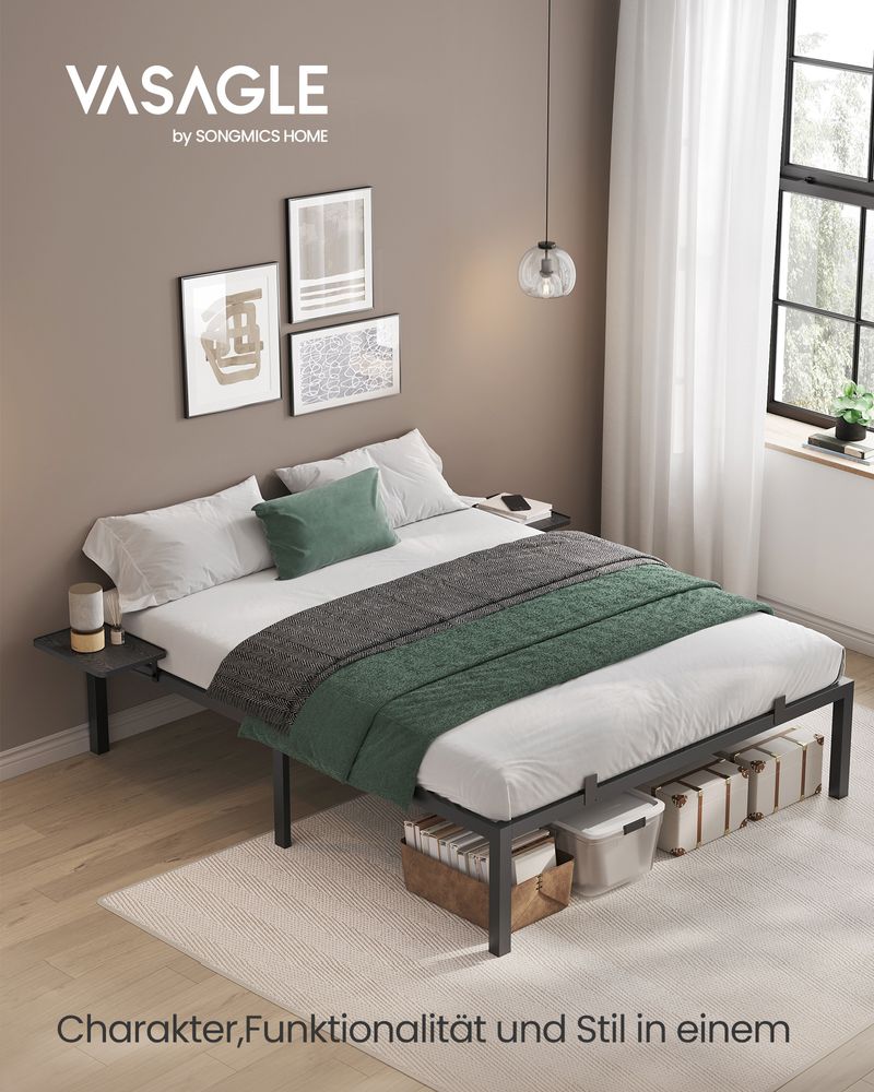Bed - Double bed - With storage boards - 140 x 190 cm - Metal frame - Black