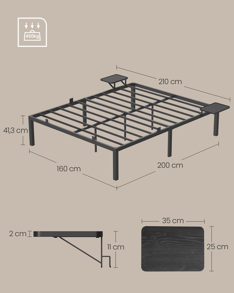Bed - Double bed - With storage boards - 140 x 190 cm - Metal frame - Black