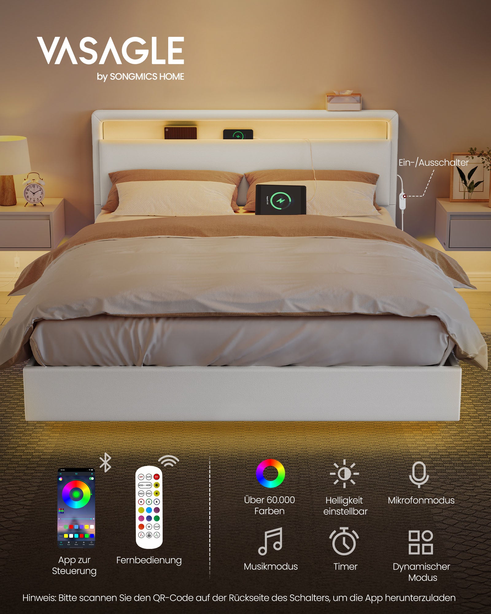 Bedframe 140 × 200 cm-with LED lighting and USB charging station