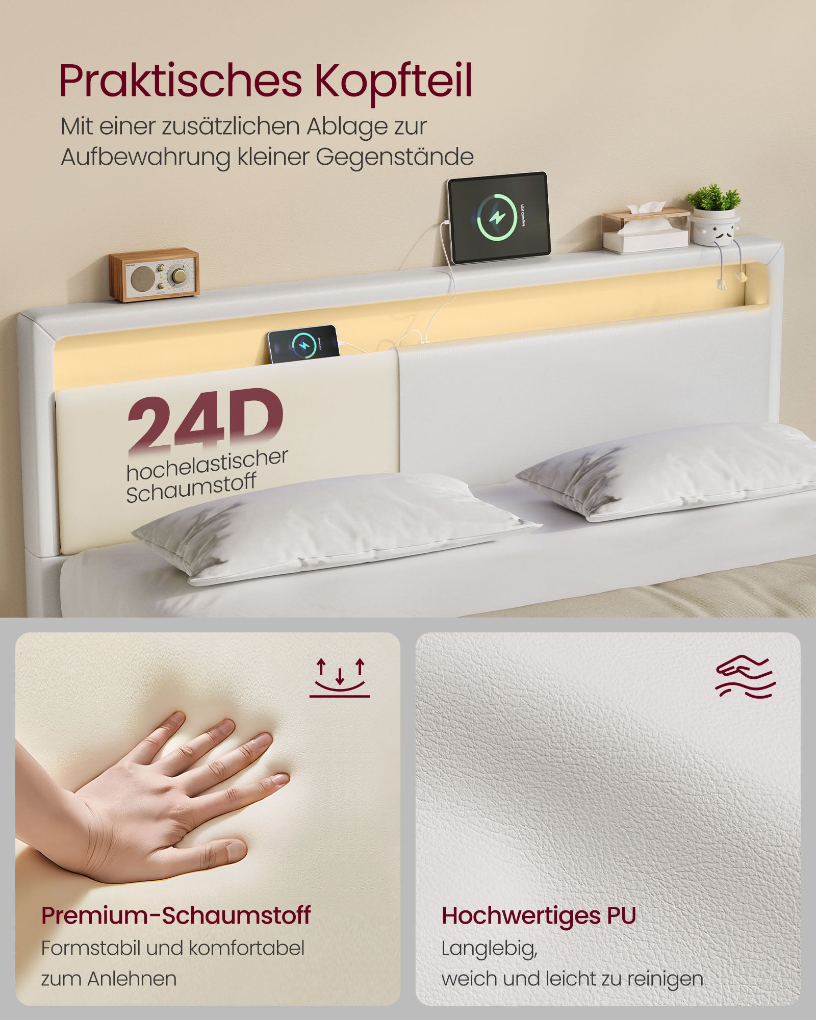 Bedframe 140 × 200 cm-with LED lighting and USB charging station