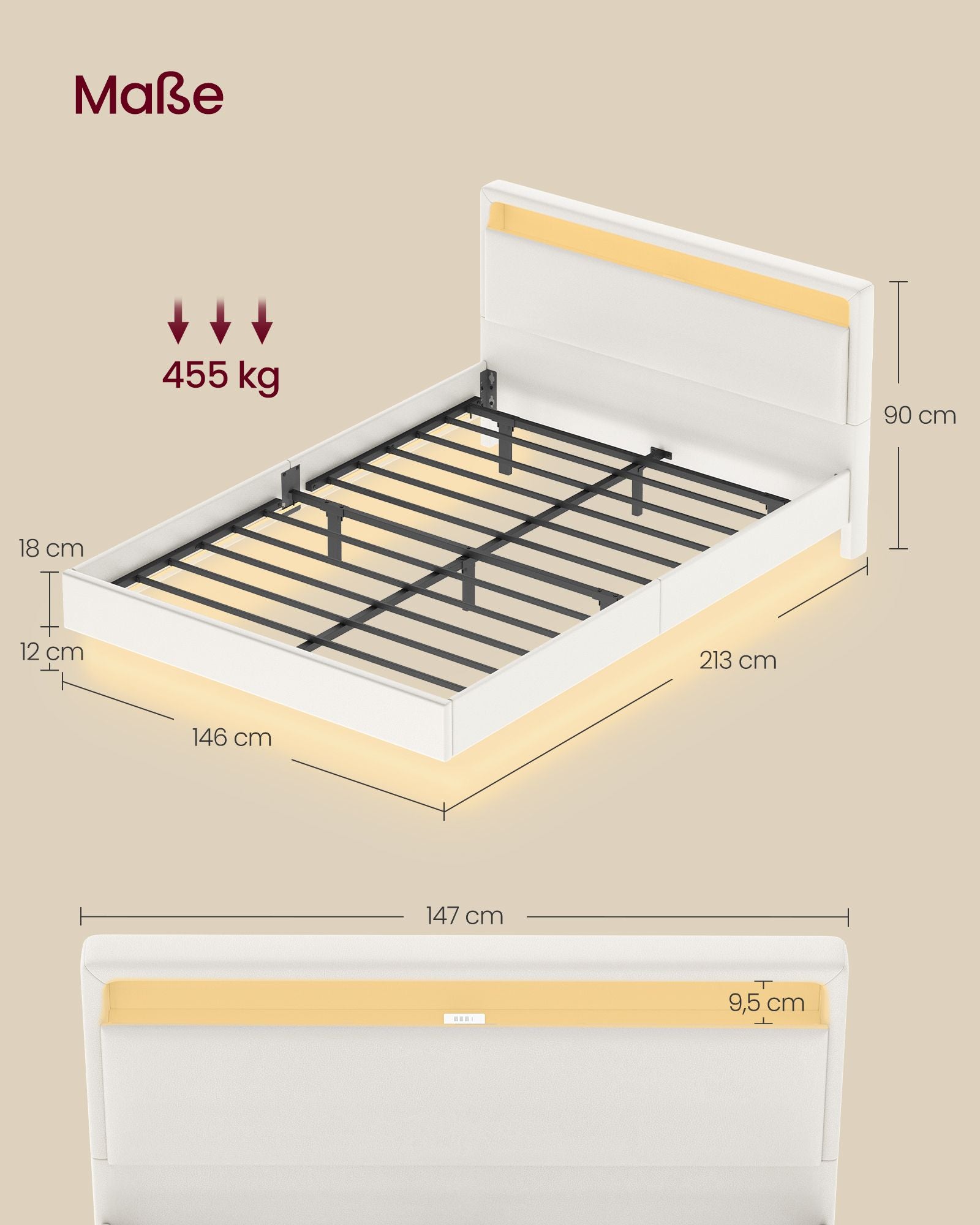 Bedframe 140 × 200 cm-with LED lighting and USB charging station