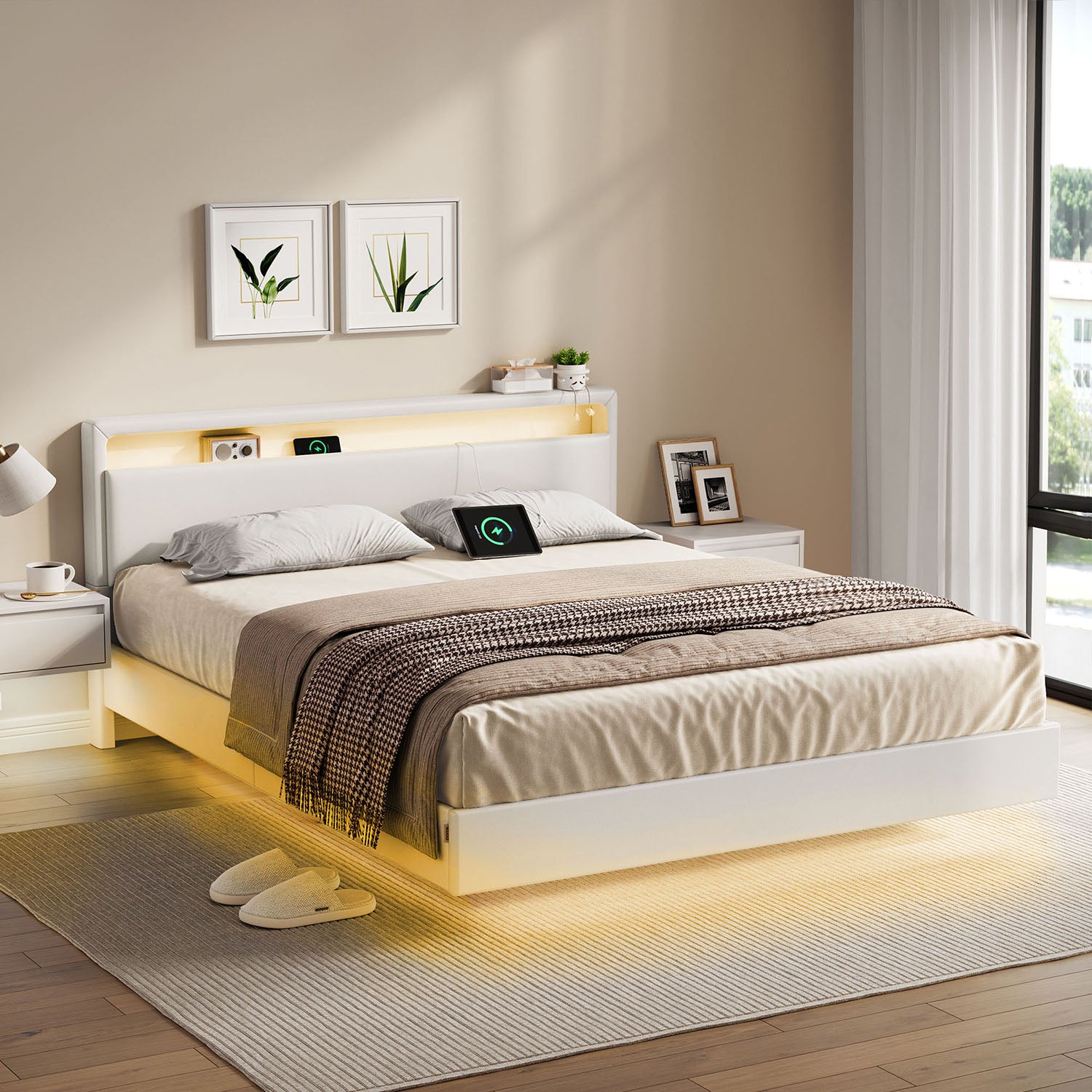 Bedframe 160 × 200 cm-with LED lighting and USB charging station