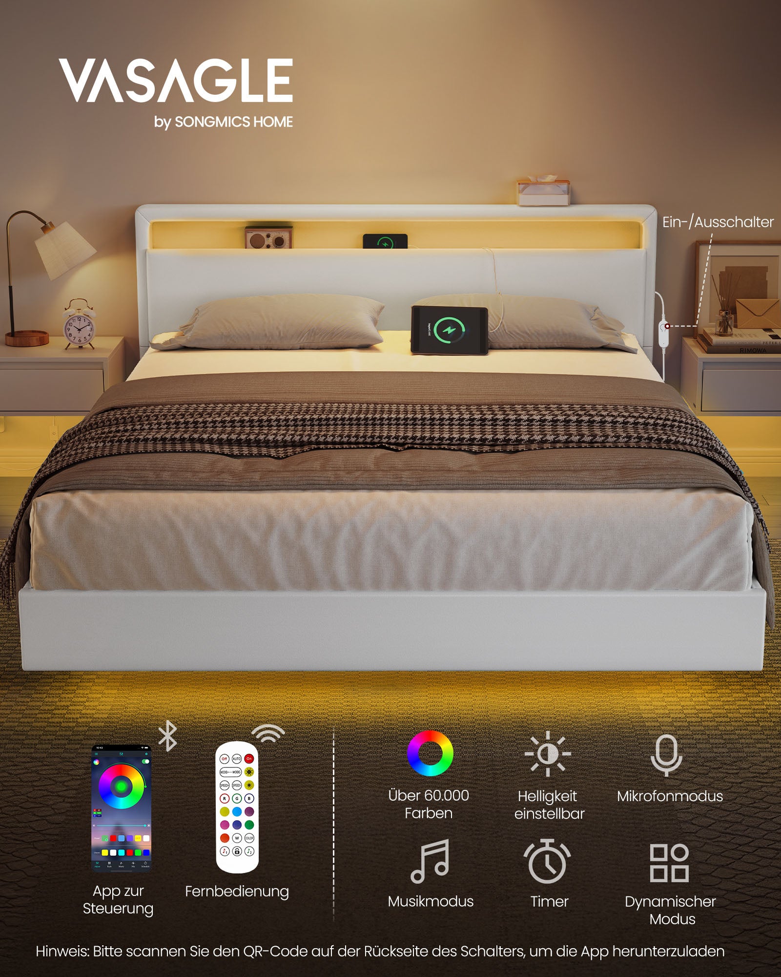 Bedframe 160 × 200 cm-with LED lighting and USB charging station