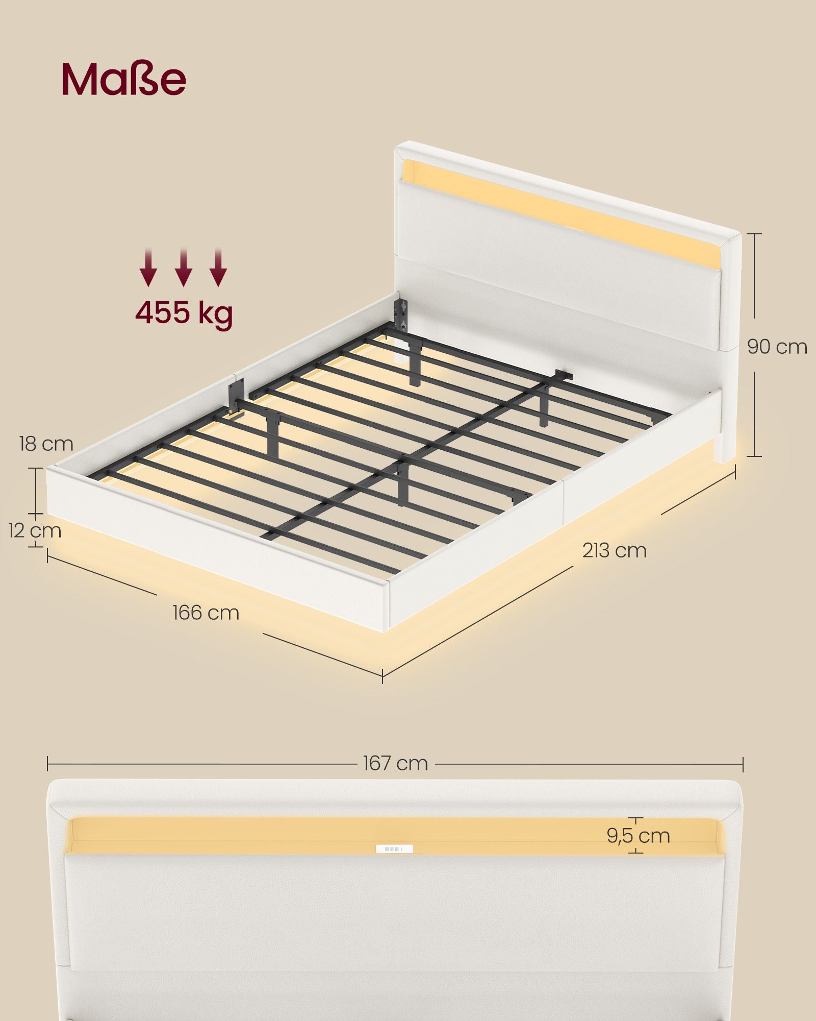 Bedframe 160 × 200 cm-with LED lighting and USB charging station