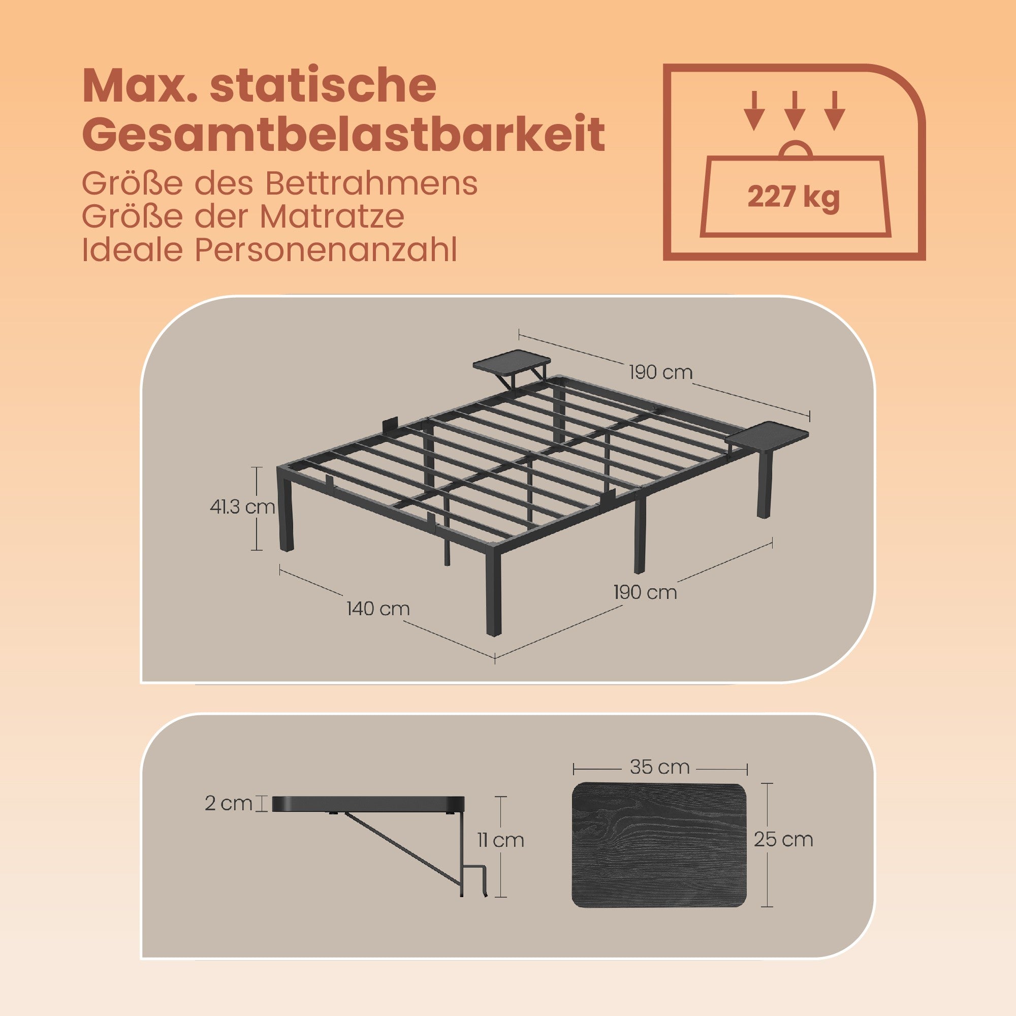 Bedframe - 140 x 190 cm, sturdy metal frame
