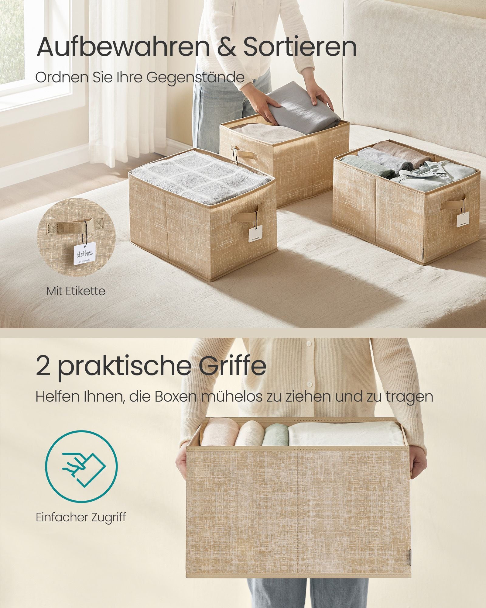 Storage boxes set of 3 50 x 30 x 30 cm sand beige