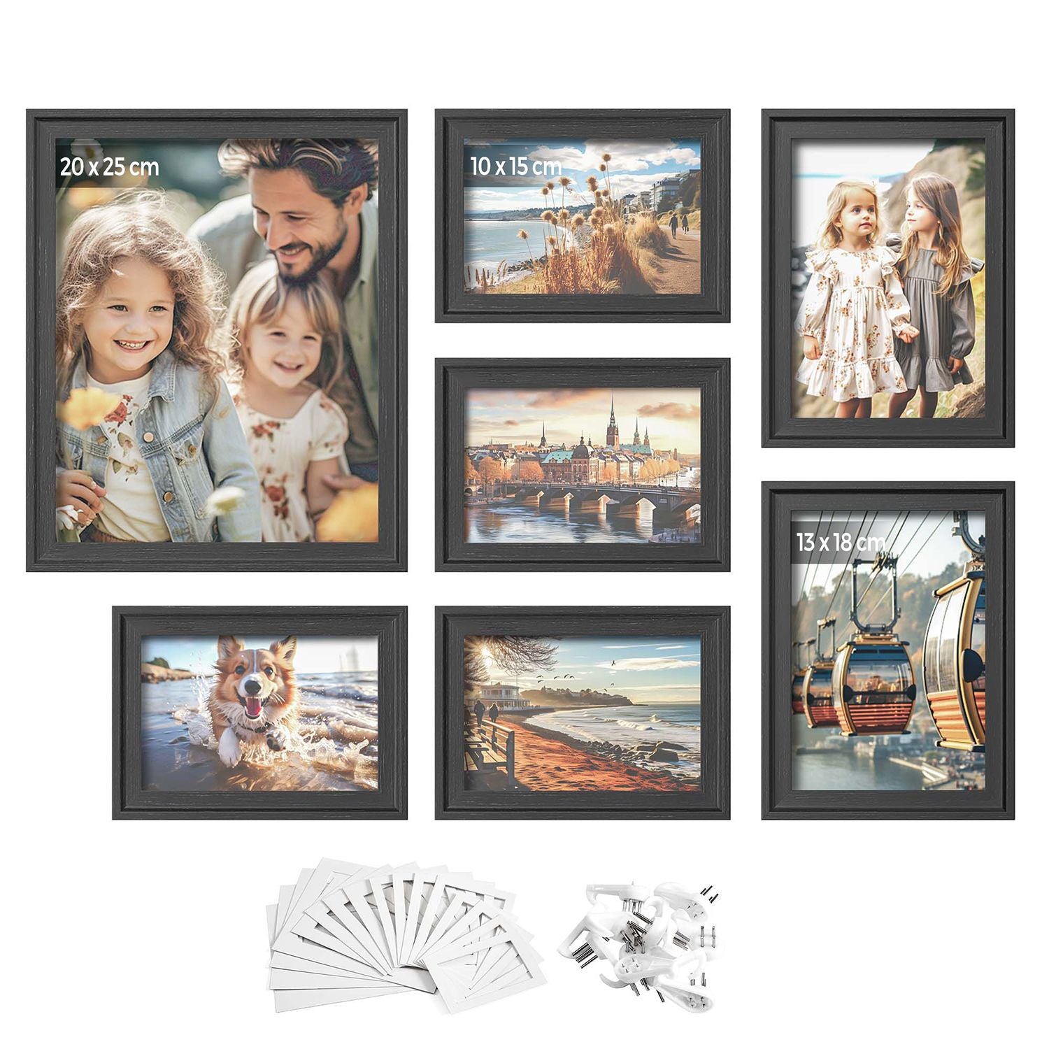 Set of 7 photo frames with non-marking wall hooks, ash black