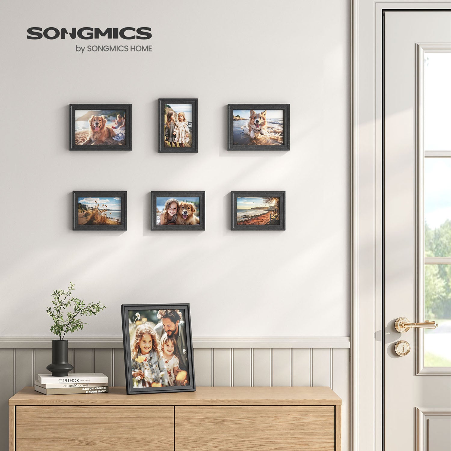 Set of 7 photo frames with non-marking wall hooks, ash black