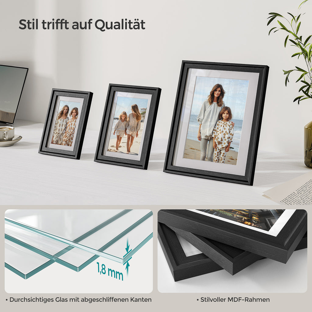 Set of 7 photo frames with non-marking wall hooks, ash black