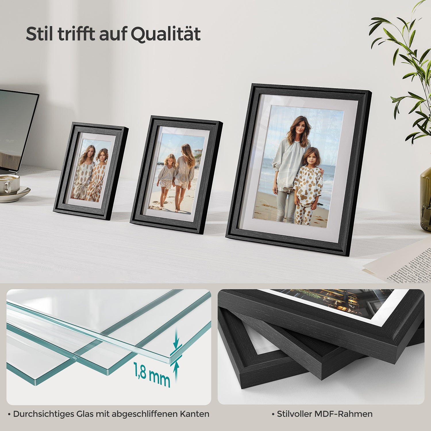 Set of 7 photo frames with non-marking wall hooks, ash black