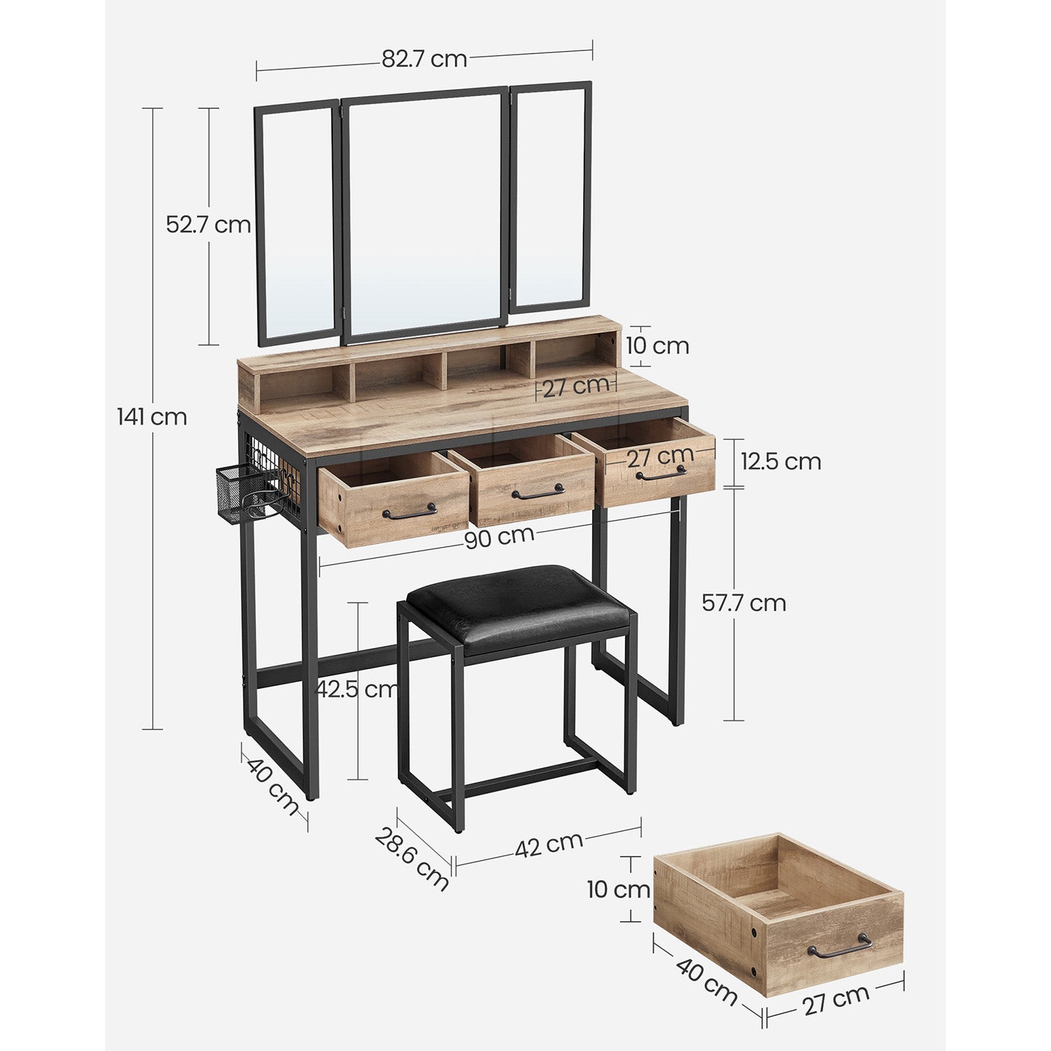 Make -up table - dressing table - Cosmetic table - 3 drawers - With mirror and stool - Brown Black