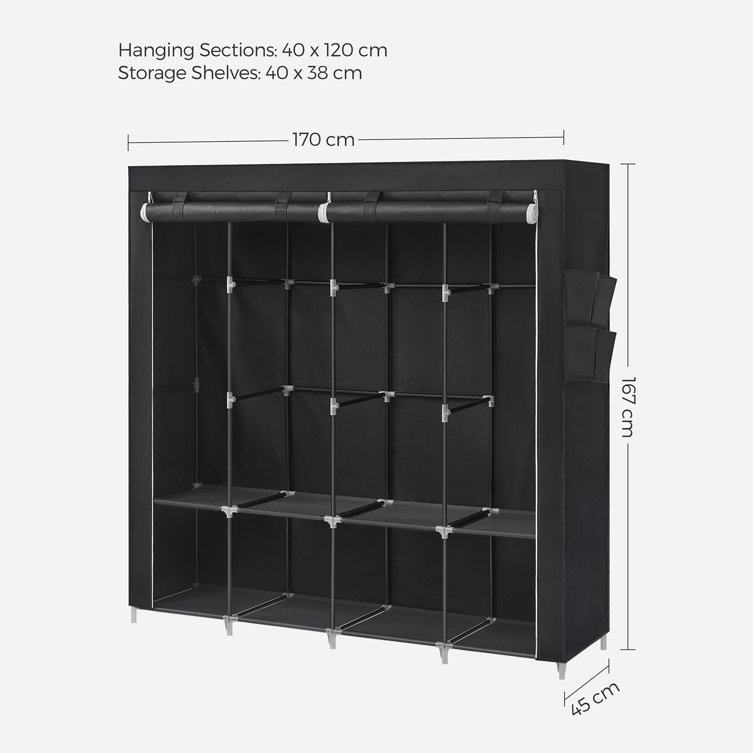 Linen cupboard - Fabric wardrobe - 45 x 170 x 167 cm - With shelves - Black