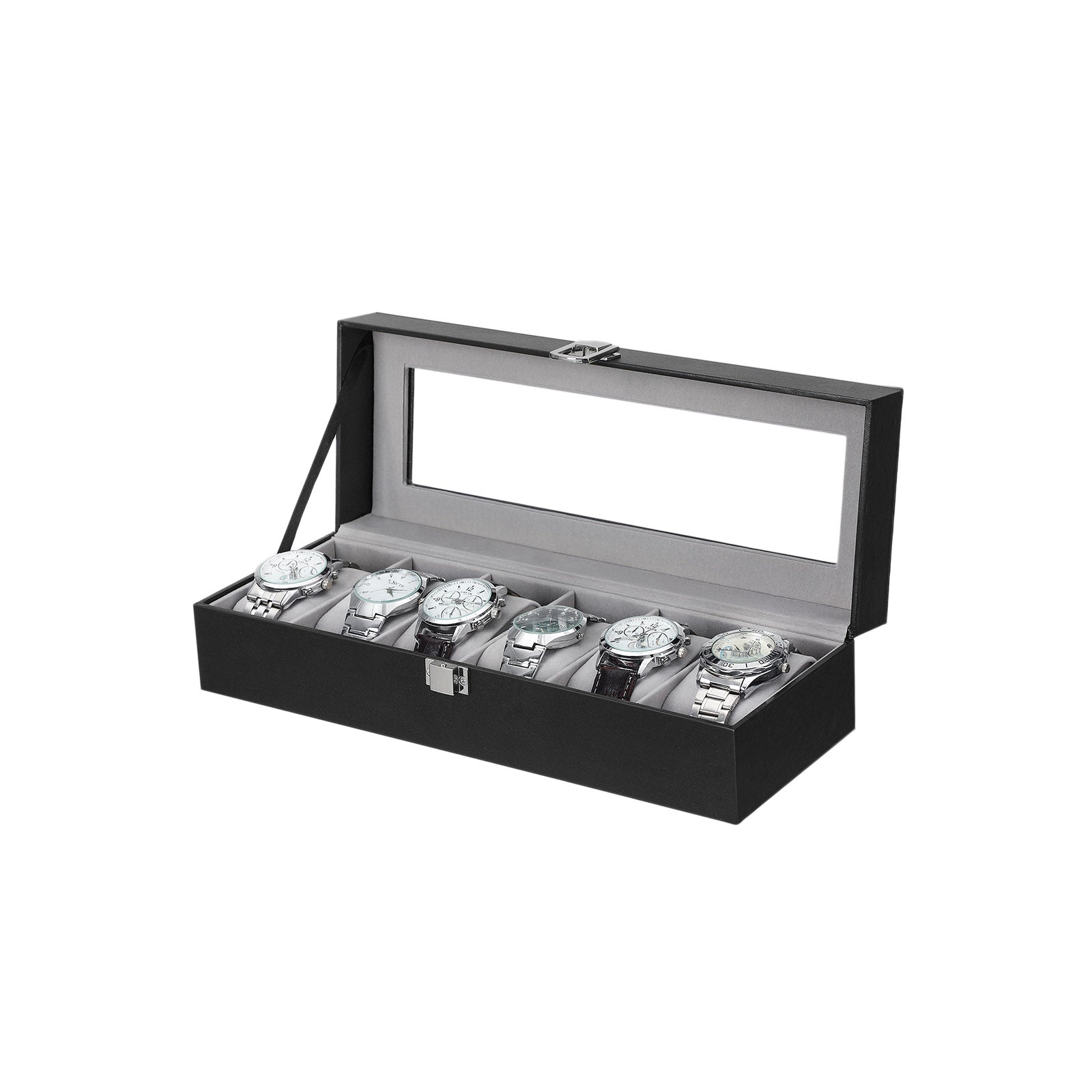 Watchbox - watch cabinet with glass lid - for 6 watches - Black
