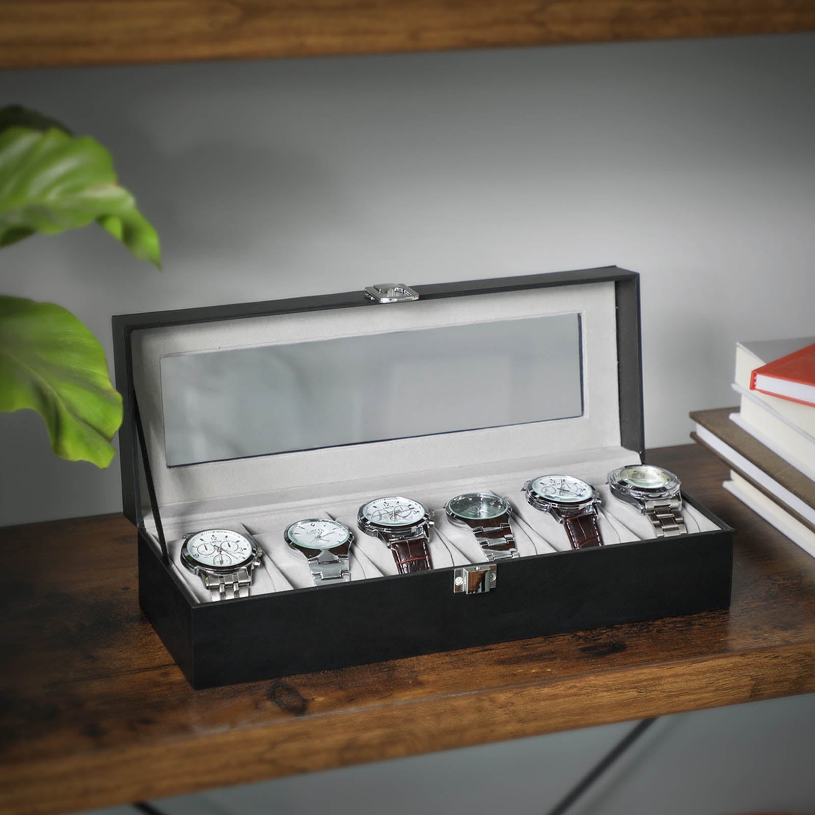Watchbox - watch cabinet with glass lid - for 6 watches - Black