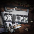 Watchbox - watch cabinet with glass lid - for 6 watches - Black