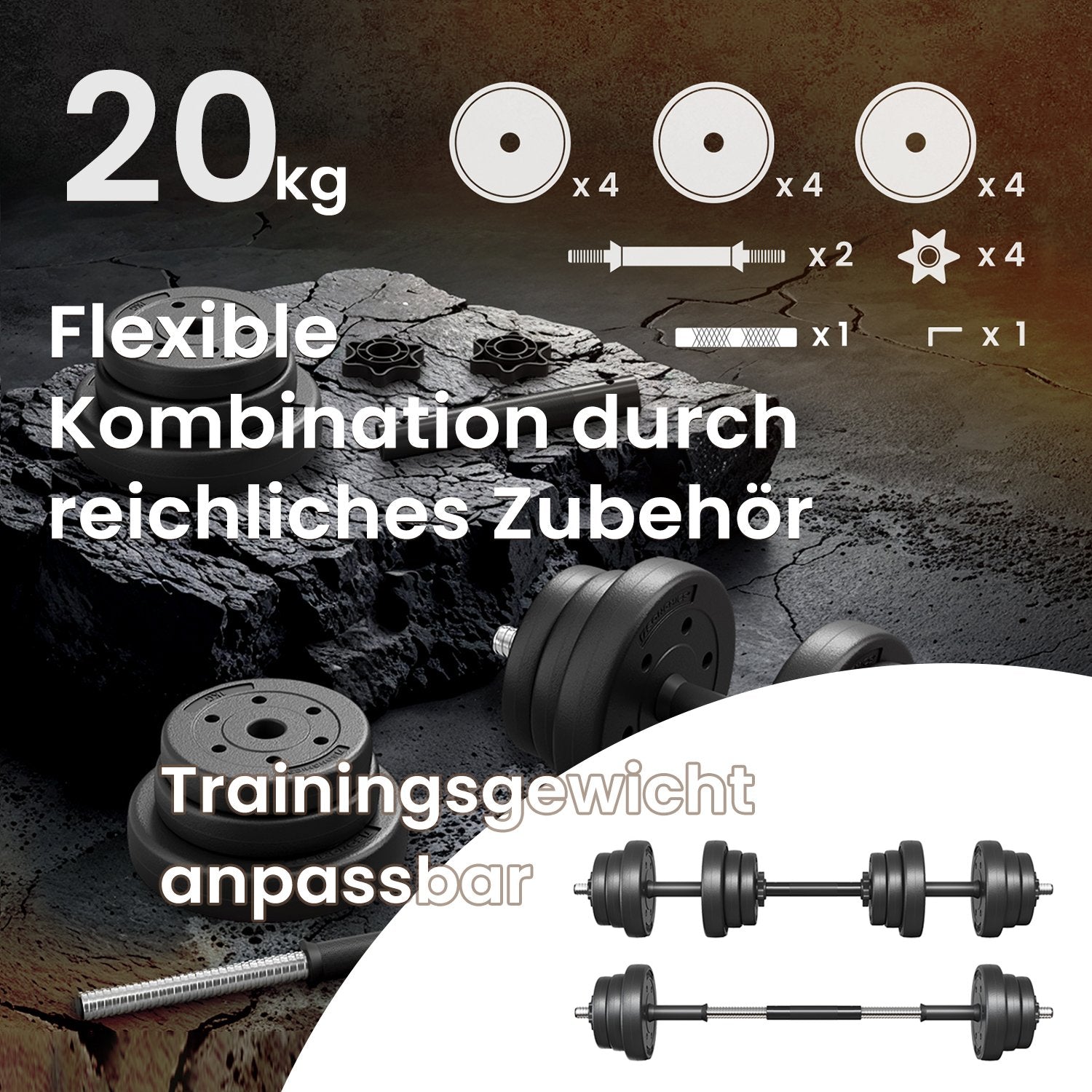 2-in-1 Halter set-Dumbbells with steel connecting tube, 2 x 10 kg, ink-black